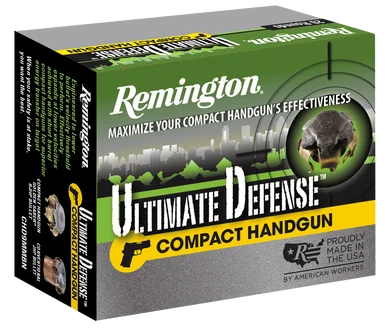 Remington 45 ACP Ammunition Ultimate Defense Compact CHD45APBN 230 Grain Brass Jacket Hollow Point 20 Rounds