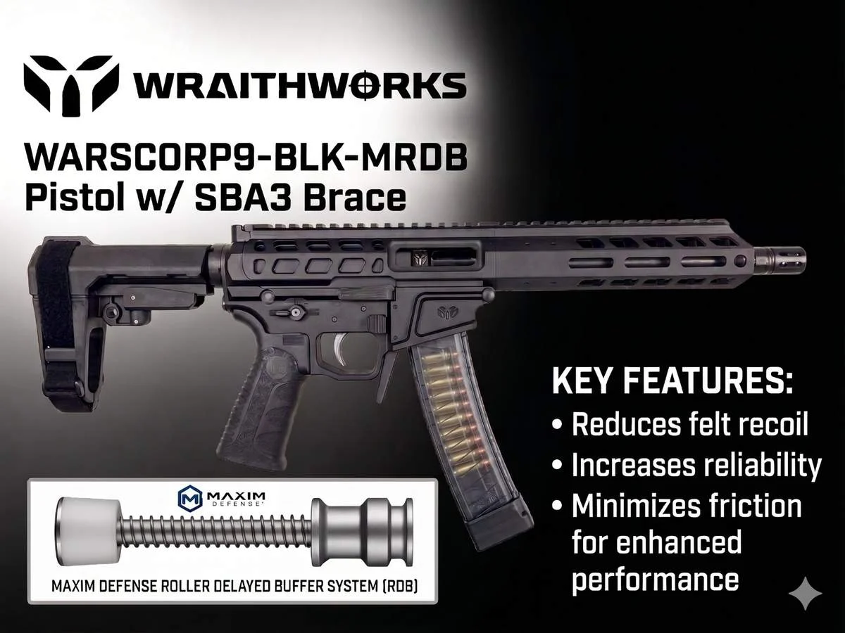 Wraithworks WARSCORP9 Roller Delayed Side-Charging AR Pistol - Black | 9mm | 8.5" Barrel | 7" M-LOK Rail | SB Tactical SBA3 Brace | Accepts Scorpion Mags